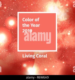 Farbe des Jahres 2019. Farbe trend Palette. Swatch lebende Koralle Farbe Hintergrund mit Galaxy space, starry Kosmos. Vector Illustration mit Solaranlage Stock Vektor