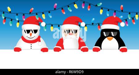 Cool schneemann Santa und Pinguin cartoon mit Sonnenbrille und Weihnachten Lichterketten Vektor-illustration EPS 10. Stock Vektor