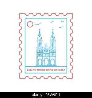 Die NOTRE DAME BASILICA SAIGAN Briefmarke blaue und rote Linie Stil, Vektor, Abbildung Stock Vektor