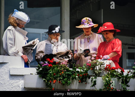 Das Derby Pferderennen auf Epsom Downs, England. 1986, gescannte 2018 Die 1986 Epsom Derby war ein Pferd Rennen, in Epsom Downs am Mittwoch, dem 4. Juni 1986 stattfand. Es war die 207. Läuft der Derby, und es wurde von Shahrastani gewonnen. Der Sieger wurde von Walter Swinburn geritten und von Michael Stoute ausgebildet. Derby Tag von der britischen königlichen Familie und Mitglieder der Öffentlichkeit, die ein schönes Picknick genossen besucht. Stockfoto