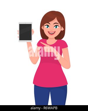 Junge Frau, Tablet- und zeigende Hand in Richtung. Fröhliche Frau mit Tablet Computer mit leeren Bildschirm. Vector Illustration. Stock Vektor