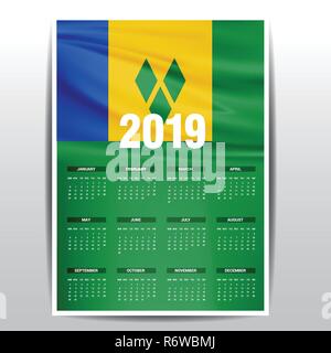 Kalender 2019 St. Vincent und die Grenadinen Flagge Hintergrund. Englische Sprache Stock Vektor