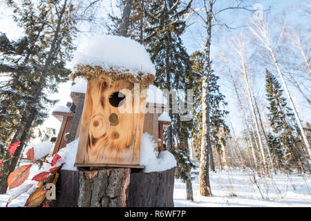 Viele birdhouses, für Vögel und Abzweige auf dem Baum. Häuser für Vögel im Winter unter dem Schnee auf dem Baum. Vogelschutz in den Park mit Vögel nisten-Boxen Sammlung. Stockfoto