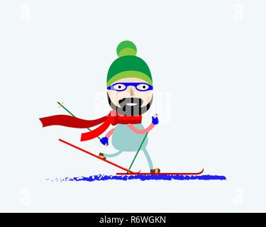 Vector Illustration eines lächelnden Mann Skifahren. Skifahrer in Gläser steht auf Skiern mit Skistöcken. Flat Style. Stock Vektor