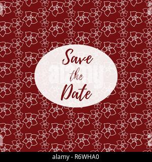 Datum speichern, Hochzeit Einladungskarte Vorlage mit weißen Blumen vector pattern Abbildung auf einem dunklen roten Hintergrund. Floral background. Stock Vektor