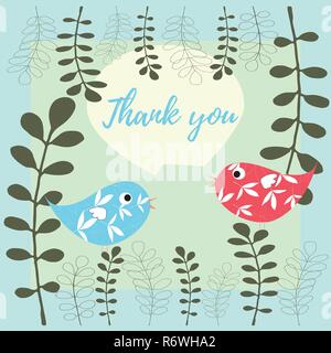 Vielen Dank Vektor Karte Abbildung mit Vögeln und Blätter in Grün, Weiß, Rot, Blau und Gelb Farben Palette Stock Vektor