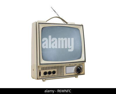Dirty vintage tragbare Fernseher auf Weiß mit ausgeschaltetem Bildschirm isoliert. Stockfoto