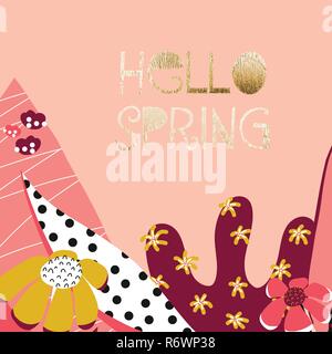 Hallo Feder illustriert feminine Vektor Banner mit Text, bunten verschiedenen Blumen, Blattgold Elemente auf Coral Hintergrund für das Frühjahr saisonale greeti Stock Vektor