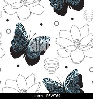 Schmetterlinge und Magnolia Flowers-Butterfly Garten, nahtlose Muster wiederholen. Stock Vektor