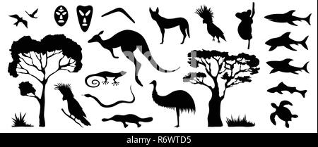Der australische Tiere und Vögel Silhouetten. Die Natur Australiens. Auf weissem Hintergrund. Schwarze Silhouette von Bäumen, Kangaroo, Masken, sh Stock Vektor