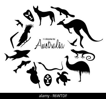 Der australische Tiere Silhouetten. Die Natur Australiens. Auf weissem Hintergrund. Schwarze Silhouette von Kangaroo, Masken, Shark, Boomerang, Stock Vektor