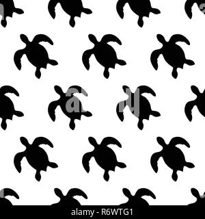 Nahtlose Muster mit Silhouetten von Schildkröten. Australische Tier. Auf weissem Hintergrund. Schwarze Silhouetten. Hand gezeichnet. Vector Illustration. Stock Vektor