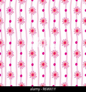 Gänseblümchen Blumen auf rosa Streifen Background-Flowers in voller Blüte, nahtlose Muster wiederholen. Stock Vektor
