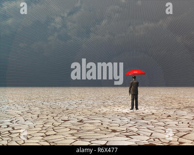 Surreale digitaler Kunst. Mann mit dem roten Regenschirm in trockenen Land unter Gathering Storm. Stockfoto