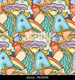 Lustige doodle Monster auf nahtlose Muster für Drucke, Karten, Designs und Malbücher. Vector Illustration Stock Vektor