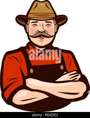 Glücklich nach Landwirt in Overalls. Landwirtschaft, Landwirtschaftliche Konzept. Vector Illustration Stock Vektor