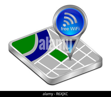 Blaue Karte Zeiger mit kostenfreiem WLAN Symbol - 3D-Darstellung Stockfoto