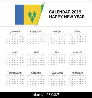 Kalender 2019 St. Vincent und die Grenadinen Flagge Hintergrund. Englische Sprache Stock Vektor