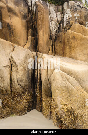 Abstrakte Nahaufnahme eines erodierten Granit bluff am Rand von einem Sandstrand, mit kontrastierenden hart, weich, glatt und groben Texturen (British Columbia). Stockfoto