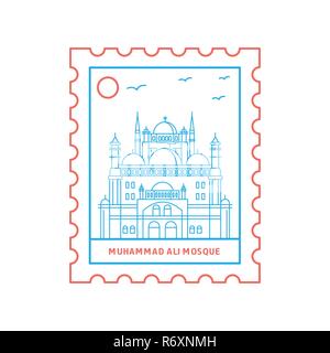 MUHAMMAD ALI MOSCHEE Briefmarke blaue und rote Linie Stil, Vektor, Abbildung Stock Vektor