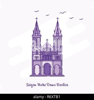 Die NOTRE DAME BASILICA SAIGAN Wahrzeichen Lila gepunktete Linie skyline Vector Illustration Stock Vektor