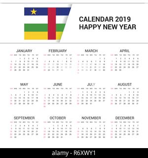 Kalender 2019 Zentralafrikanische Republik Flagge Hintergrund. Englische Sprache Stock Vektor