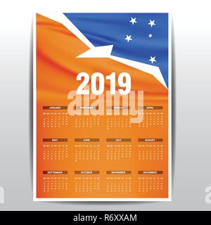 Kalender 2019 der Provinz Tierra del Fuego Argentinien Flagge Hintergrund. Englische Sprache Stock Vektor