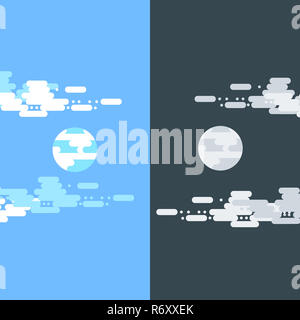 Tag und Nacht Vektor flachbild Abbildungen oder Banner. Sonne und Mond. Halber Tag und Nacht, Sonne und Mond mit Wolken. Flache Darstellung von Himmel und Wetter Rundfunk, Cloud und Leben, Zeitraum und Zyklus für Banner von mobile App Hintergründe Stockfoto