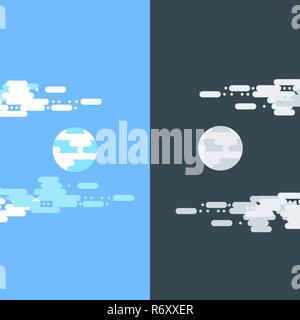 Tag und Nacht Vektor flachbild Abbildungen oder Banner. Sonne und Mond. Halber Tag und Nacht, Sonne und Mond mit Wolken. Flache Darstellung von Himmel und Wetter Rundfunk, Cloud und Leben, Zeitraum und Zyklus für Banner von mobile App Hintergründe Stockfoto
