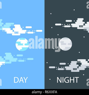 Tag und Nacht Vektor flachbild Abbildungen oder Banner. Sonne und Mond. Halber Tag und Nacht, Sonne und Mond mit Wolken. Flache Darstellung von Himmel und Wetter Rundfunk, Cloud und Leben, Zeitraum und Zyklus für Banner von mobile App Hintergründe Stockfoto