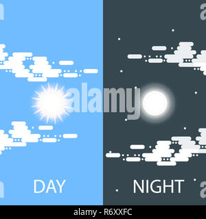 Tag und Nacht Vektor flachbild Abbildungen oder Banner. Sonne und Mond. Halber Tag und Nacht, Sonne und Mond mit Wolken. Flache Darstellung von Himmel und Wetter Rundfunk, Cloud und Leben, Zeitraum und Zyklus für Banner von mobile App Hintergründe Stockfoto