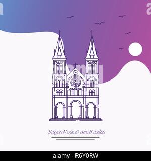 Reisen SAIGAN die Notre Dame Basilica Plakat Vorlage. Lila kreativen Hintergrund Stock Vektor