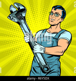 Man Handwerker mit einem Schraubenschlüssel Stockfoto