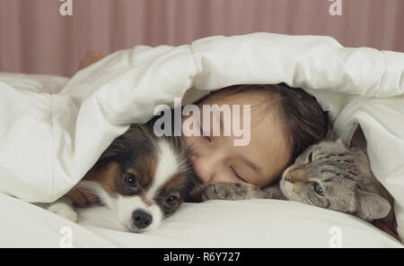 Schöne jugendlich Mädchen süß schlafen im Bett mit Hund und Katze Stockfoto