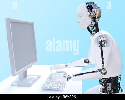 3D-Rendering der männlichen Roboter am Computer sitzen. Stockfoto