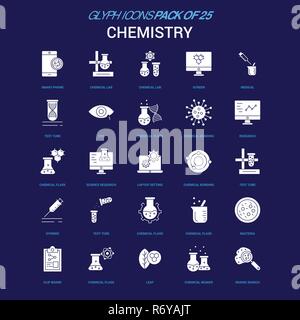 Chemie Symbol in Weiß auf blauem Hintergrund. 25 Symbol Pack Stock Vektor