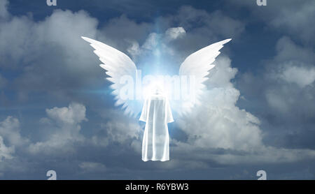 Abbildung in Weiß Mantel steht vor winged Star in bewölkten Himmel Stockfoto
