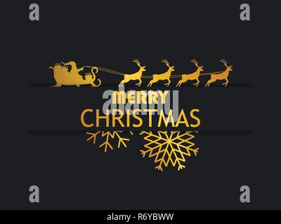 Frohe Weihnachten. Weihnachtsmann im Schlitten mit Rentieren auf schwarzem Hintergrund. Grußkarte Design Template mit goldenen Gradienten. Vector Illustration Stock Vektor