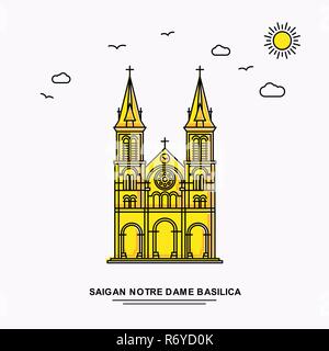 Die NOTRE DAME BASILICA SAIGAN Denkmal Plakat Vorlage. World Travel gelben Hintergrund im Einklang mit der Natur beauture Szene Stock Vektor