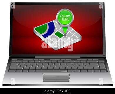 Laptop mit grünen Sie sind hier Kartenzeiger auf Rot-Desktop: 3D-Darstellung Stockfoto