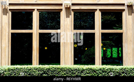 Holz- Fenster Architektur mit Green Bush Anlage Stockfoto