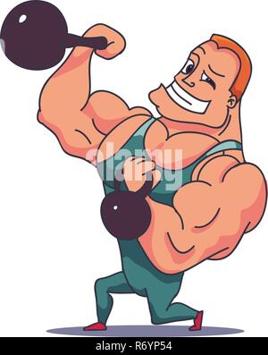 Zeichentrickfigur Kraftprotz mit Kettlebells. Vektor Stock Vektor