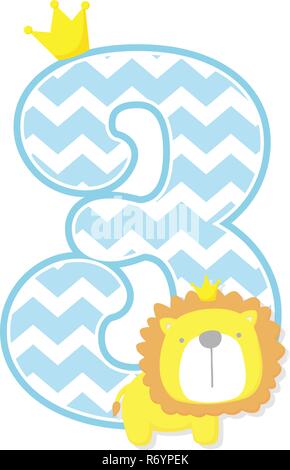 Nummer 3 mit Chevron Muster. cute little lion king auf weißem Hintergrund. kann für den Vatertag Karte, Baby Geburt Ansagen verwendet werden, nu Stock Vektor