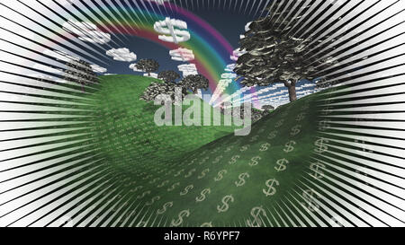 Surreale digitaler Kunst Landschaft mit Währung Elemente. Bäume mit Dollar Banknoten anstelle der Blätter. Wolken in Form von Dollar unterzeichnen. Regenbogen am Himmel. Stockfoto