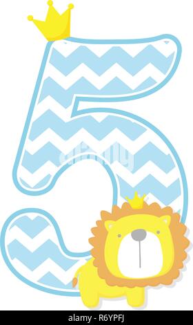 Nummer 5 mit Chevron Muster. cute little lion king auf weißem Hintergrund. kann für den Vatertag Karte, Baby Geburt Ansagen verwendet werden, nu Stock Vektor