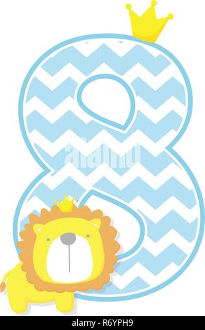 Nummer 8 mit Chevron Muster. cute little lion king auf weißem Hintergrund. kann für den Vatertag Karte, Baby Geburt Ansagen verwendet werden, nu Stock Vektor