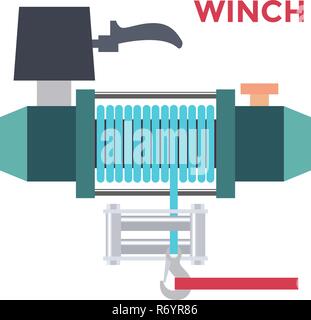 Bunte Flache Bauform Offroad Seilwinde. Vektor Stock Vektor