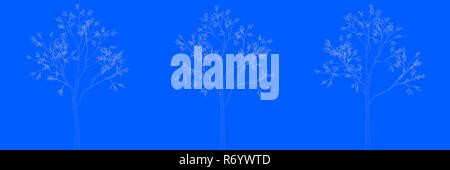 3D-Rendering von drei Bäumen als Linien auf blauem Hintergrund Stockfoto