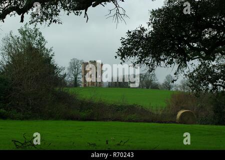 Powderham Castle Belvedere Torheit Tower. Strawberry Hill Romantischen gotischen Ruine auf der Spitze eines Hügels Ackerland. Exe Estuary, South Devon, Großbritannien. Stockfoto