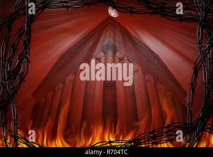 Antike griechische Tempel brennt in Barbed Wire frame Stockfoto